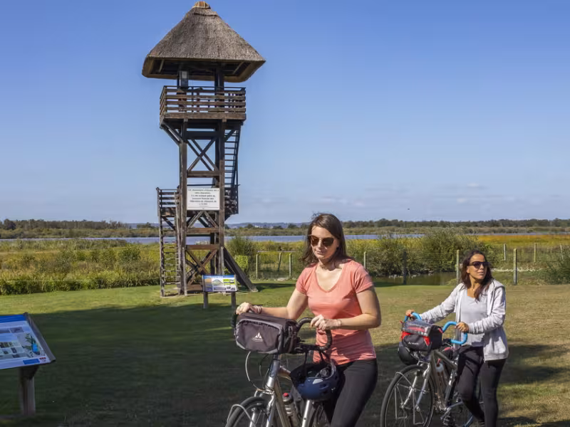 Cyclistes devant l'observatoire d'oiseaux au Marais Vernier